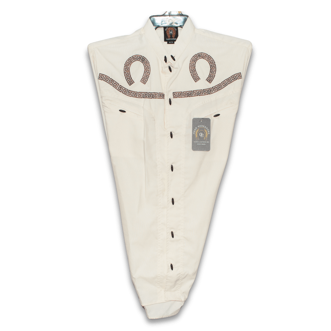 Camisa charra bordada en beige, vista frontal