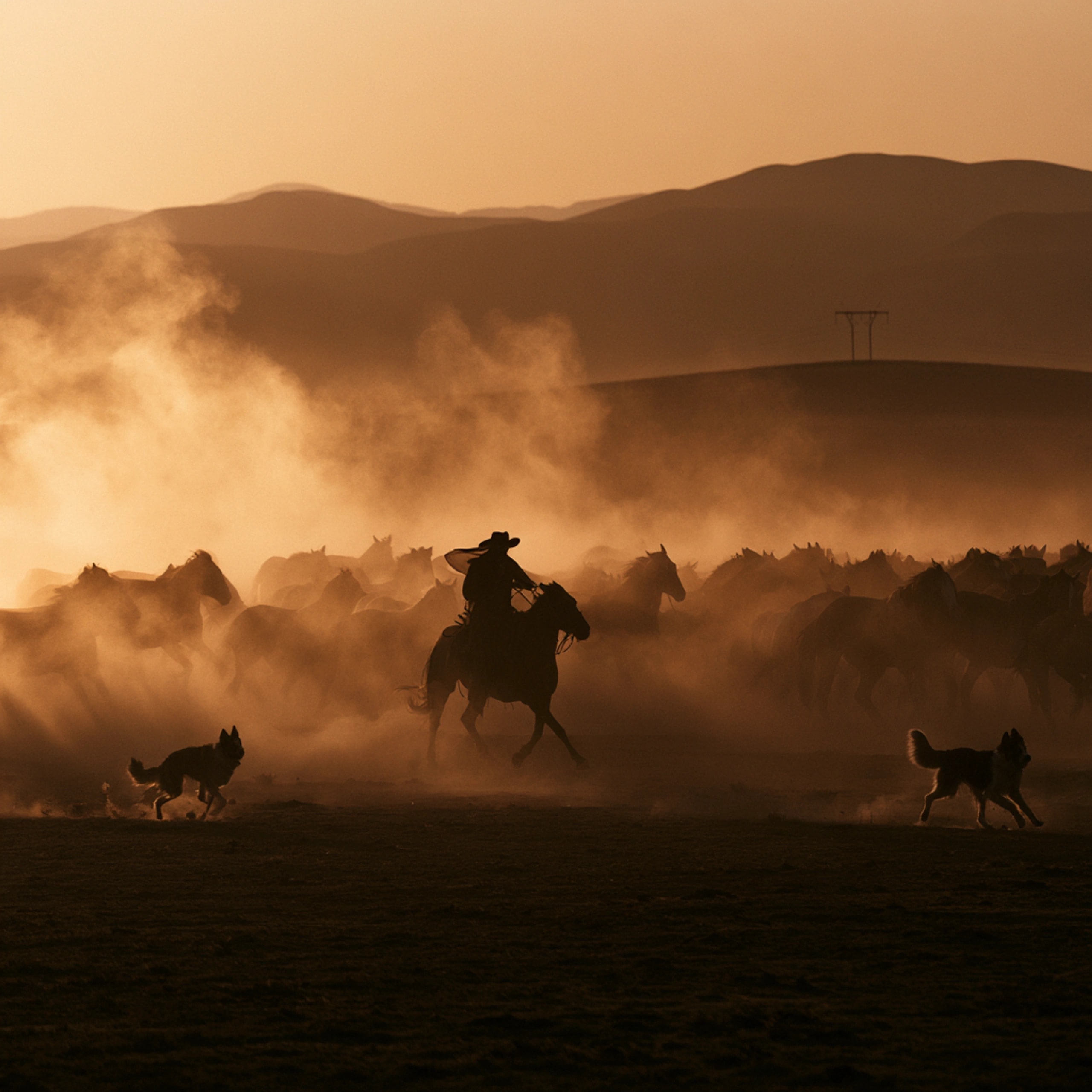 Jinetes arreando caballos al atardecer