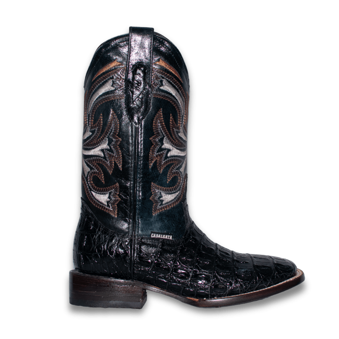 Bota Cabalgata Bulldog negra con grabado de cocodrilo y caña bordada, vista lateral