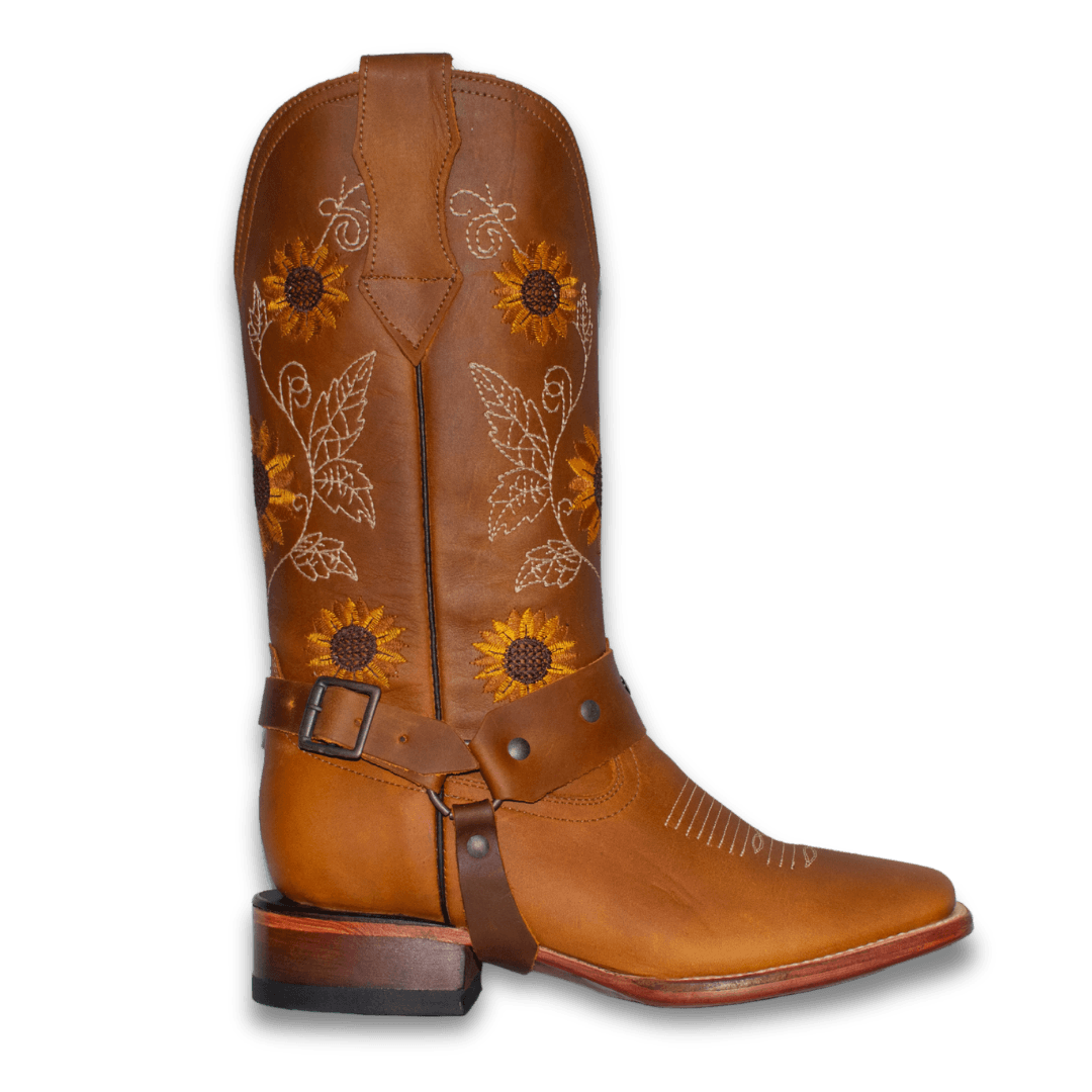 Bota John Davis Girasol en piel miel con girasoles bordados y arnés, vista lateral
