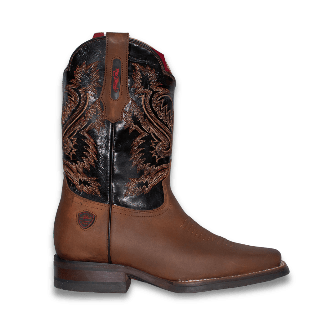 Bota Rio Grande H59 en piel café con caña negra bordada, vista lateral