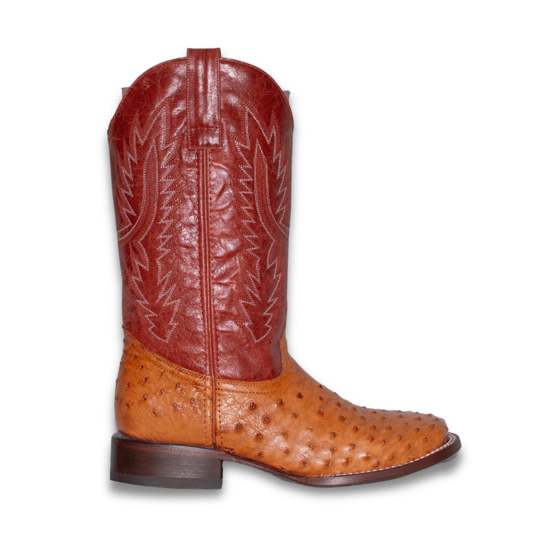 Bota JW Ranch Justin con pie de avestruz miel y caña roja, vista lateral