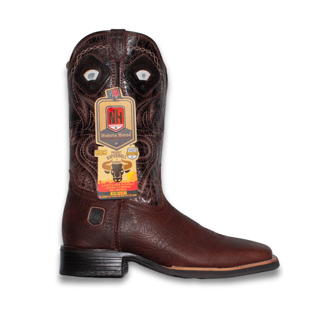 Bota Nokota Horse Stanley en piel café rojizo con caña labrada, vista lateral