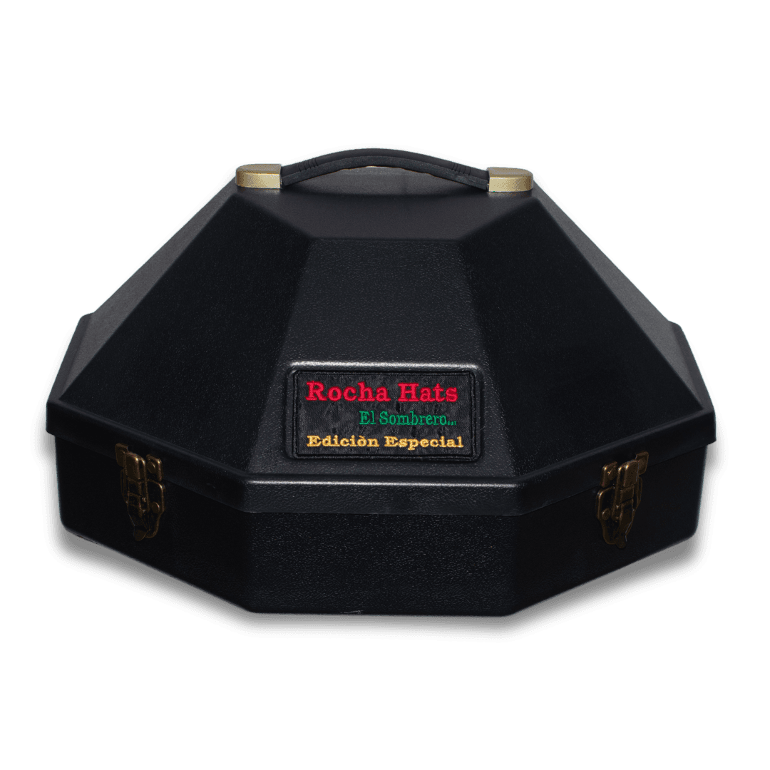 Estuche negro octagonal para sombrero con etiqueta Rocha Hats, cerrado